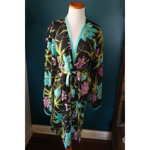 Valerie Stevens botanical Sheer floral robe black teal pink Lace trim Size M